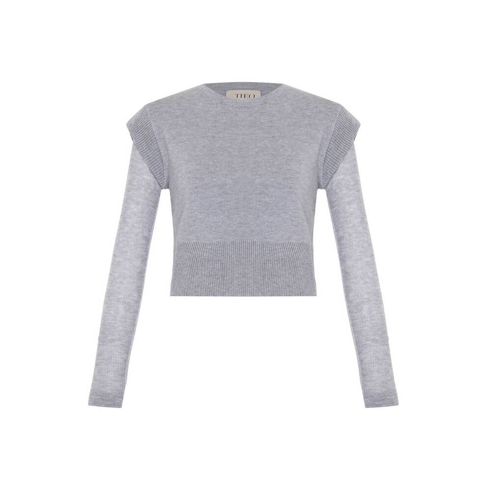 NEW THEO THE LABEL women's nomia sheer sleeve crew neck sweater in heather grey